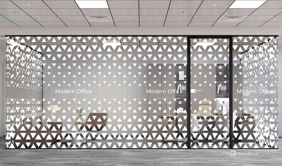 Modern Office Glass Partition With Geometric Triangle Pattern And Transparent Design 3d model 