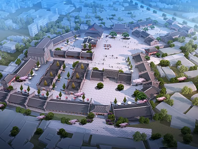 Traditional Ancient Architecture Complex With Courtyard Open Square Green Trees And Historic Design 3d model