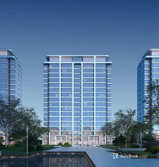 Modern High Rise Residential Buildings With Glass Windows Surrounded By Trees In Evening Sky 3d model 