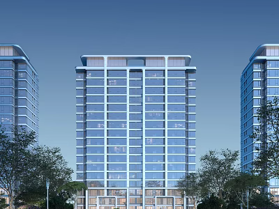 Modern High Rise Residential Buildings With Glass Windows Surrounded By Trees In Evening Sky 3d model