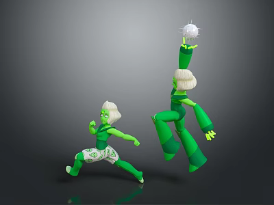 Two Small and Large Green Characters Running Jumping Holding White Ball 3d model