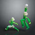 Two Small and Large Green Characters Running Jumping Holding White Ball