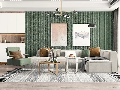 Light Gray Sofa And Coffee Table Set With Green Textured Wall Decorative Paintings Green Armchair 3d model