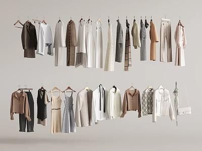 Fashionable Clothes Hanging On Racks With Various Styles And Neutral Colors For Casual Wear 3d model
