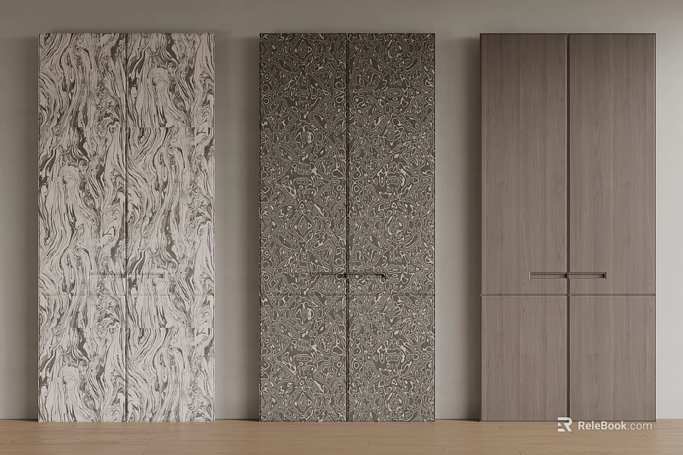 Three Cabinet Doors With Various Textures Sleek Design And Minimal Handles 3d model 