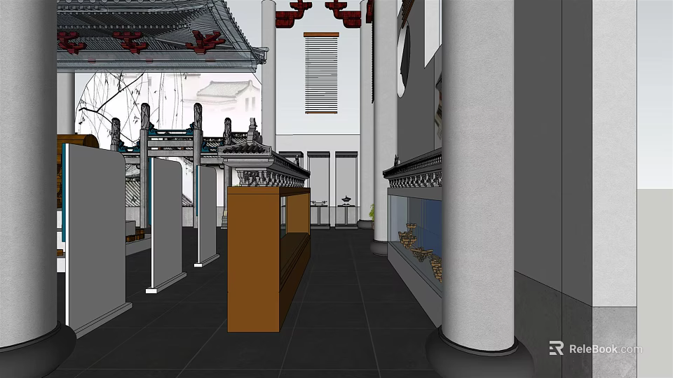 Spacious Museum Exhibition Hall Interior With Traditional Decorations Display Cases And White Columns 3d model 