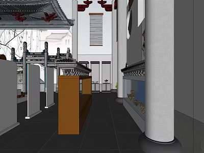 Spacious Museum Exhibition Hall Interior With Traditional Decorations Display Cases And White Columns 3d model