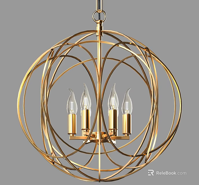Golden Spherical Chandelier with Circular Metal Frame and Candle Shaped Bulbs 3d model 