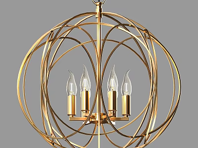 Golden Spherical Chandelier with Circular Metal Frame and Candle Shaped Bulbs 3d model