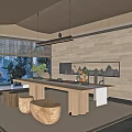 Zen Tea Room Interior Design With Wooden Table Stools Large Windows And Landscape Painting