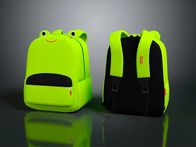 Neon Green Backpack With Cute Cartoon Frog Design Front And Back View Black Straps 3d model
