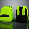 Neon Green Backpack With Cute Cartoon Frog Design Front And Back View Black Straps