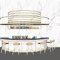 Stylish Bar Counter With Curved Gold Shelf Wine Bottles And Yellow Stools Against Marble Wall