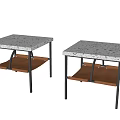 Side Tables with White Speckled Tabletop Black Metal Frames and Wooden Shelves for Living Room