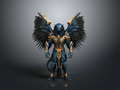 Blue And Gold Winged Mythical Creature With Ornate Armor And Detailed Design 3d model