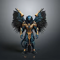 Blue And Gold Winged Mythical Creature With Ornate Armor And Detailed Design