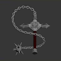 Cross Shaped Fantasy Weapon Featuring Red Handle Chain And Star Mace Head