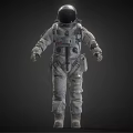 Man In Detailed White Astronaut Suit Standing Against Dark Background