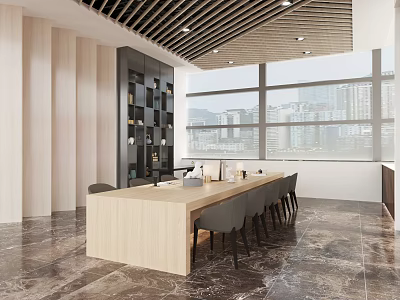 Modern Hotel Public Lounge With Large Windows City View Long Wooden Table And Grey Chairs 3d model