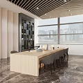 Modern Hotel Public Lounge With Large Windows City View Long Wooden Table And Grey Chairs