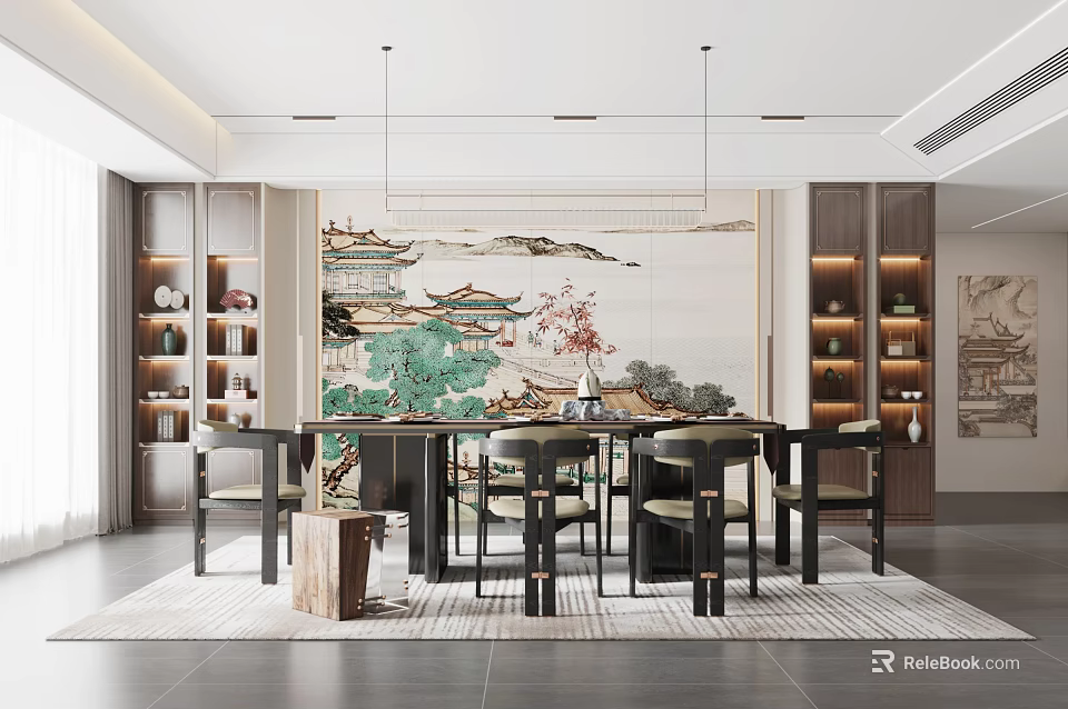 Elegant Modern Restaurant Interior With Dining Table Chairs And Decorative Painting Bookshelves 3d model 