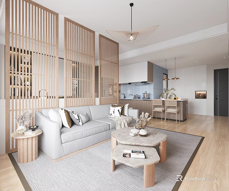 Modern Living Dining Area With Wooden Lattice Screens Light Gray Sofa And Open Kitchen 3d model 