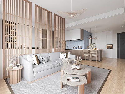 Modern Living Dining Area With Wooden Lattice Screens Light Gray Sofa And Open Kitchen 3d model