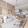Modern Living Dining Area With Wooden Lattice Screens Light Gray Sofa And Open Kitchen