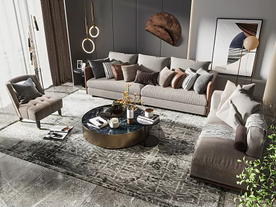 Modern Luxury Living Room Sofa and Coffee Table Set With Multiple Pillows and Patterned Rug 3d model