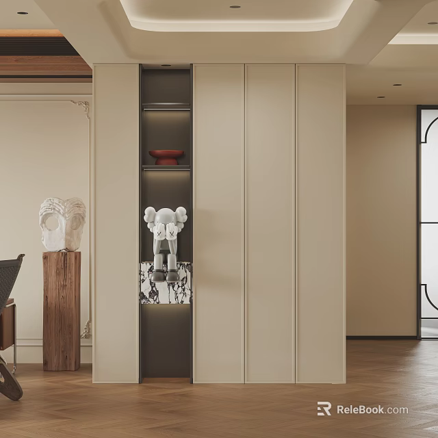 Modern Foyer Hallway Interior Design With Light Beige Cabinets Display Shelves And Decorative Sculptures 3d model 