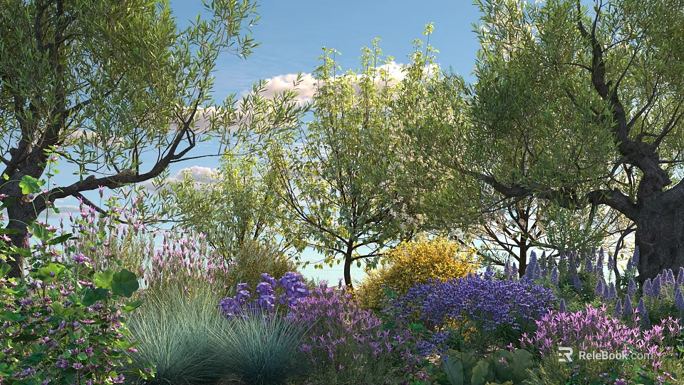 Colorful Flowering Shrubs in Lush Garden with Trees and Purple Blooms 3d model 