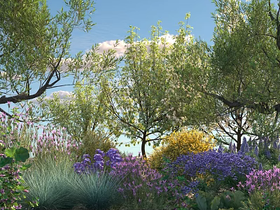 Colorful Flowering Shrubs in Lush Garden with Trees and Purple Blooms 3d model