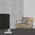 Rattan Leisure Chair with Metal Frame and Checkered Cushion in Modern Interior