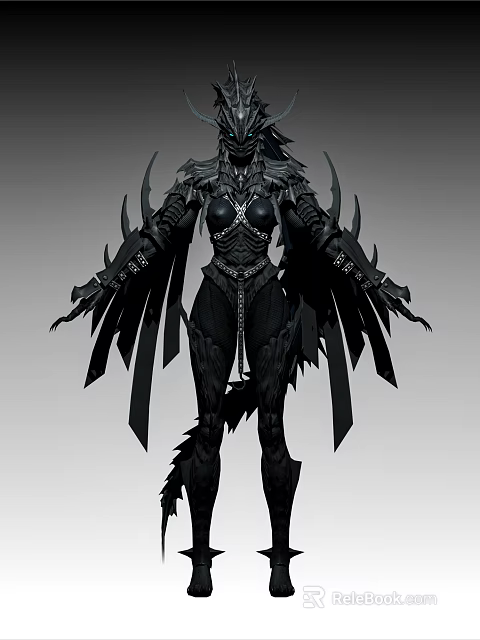 Dark Game and Movie Character in Black Armor With Wings and Spiked Details 3d model 