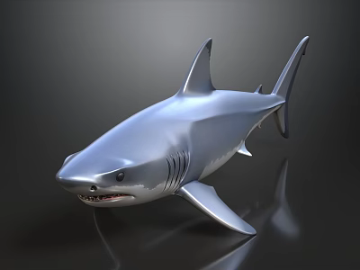 Silver Metallic Shark 3D Model With Shiny Surface And Dark Background Reflection 3d model