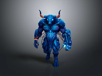 Blue Horned Armored Muscular Humanoid Creature With Glowing Details And Orange Accents 3d model
