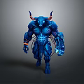Blue Horned Armored Muscular Humanoid Creature With Glowing Details And Orange Accents