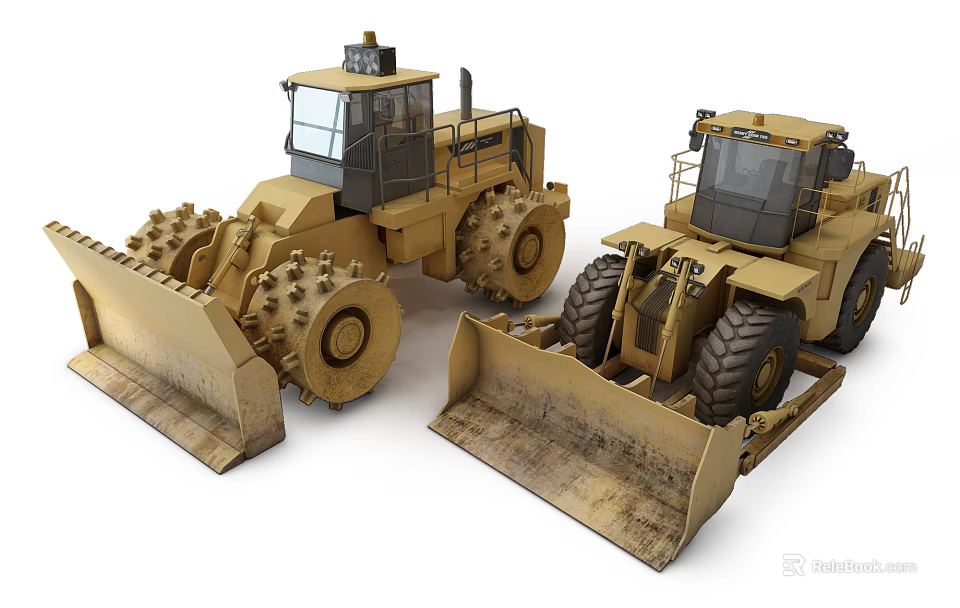 Yellow Heavy Duty Construction Bulldozer and Loader Functional Vehicles With Blades and Buckets 3d model 