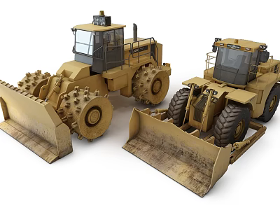 Yellow Heavy Duty Construction Bulldozer and Loader Functional Vehicles With Blades and Buckets 3d model