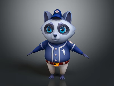 Cartoon Raccoon Game Character in Blue Baseball Uniform with Number 1 and Cap 3d model