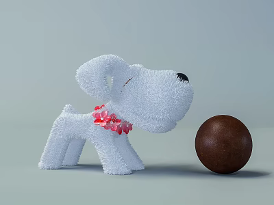 Cute White Dog Plush Doll With Pink Flower Collar And Brown Ball 3d model