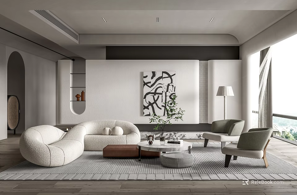 Modern Living Room Interior With Curved Sofa Green Armchairs Abstract Painting And Floor Lamp 3d model 