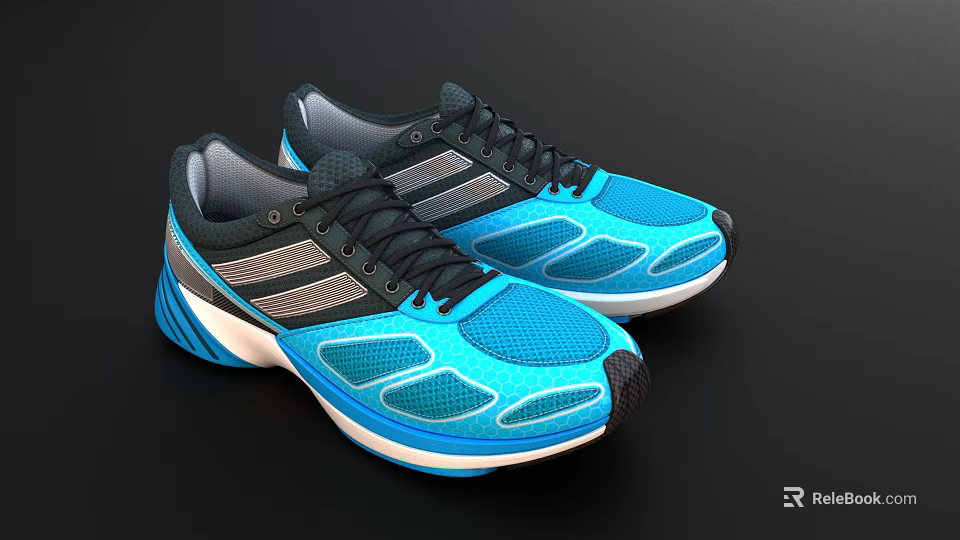Blue Black Running Sneakers with Gray Stripes Mesh Design and Cushioned Sole 3d model 