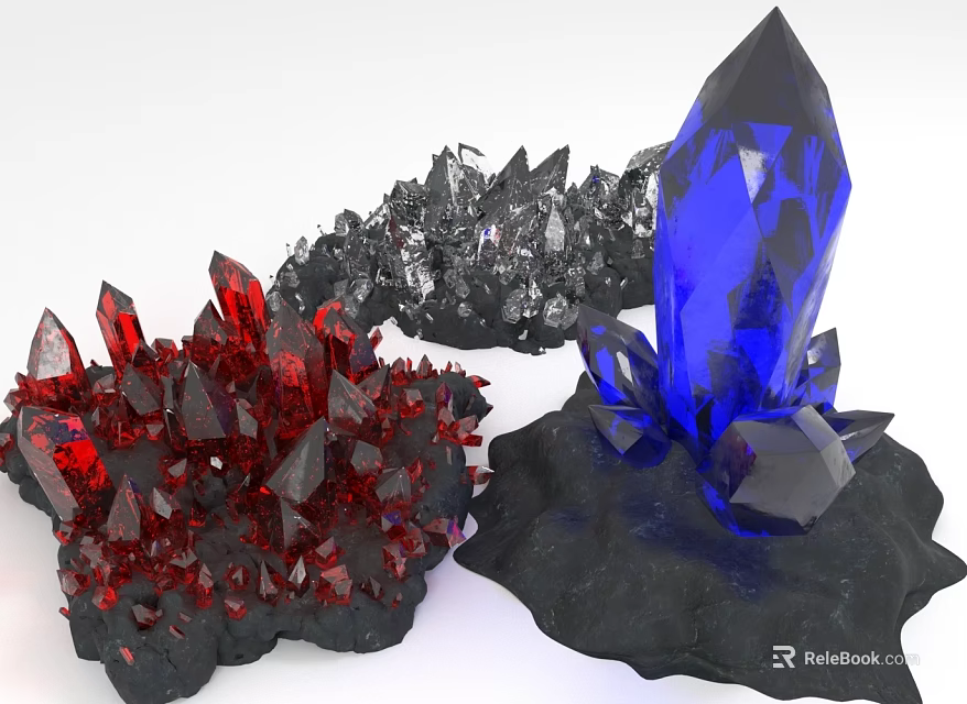 Colorful Crystal Clusters Display With Red Silver Blue And Black Base 3d model