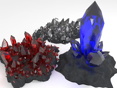 Colorful Crystal Clusters Display With Red Silver Blue And Black Base 3d model