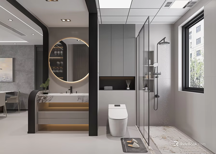 Modern Bathroom Design With Round Mirror Smart Toilet Glass Shower And Large Window 3d model 