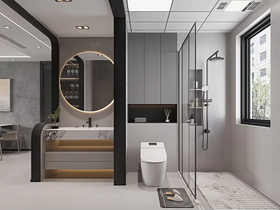 Modern Bathroom Design With Round Mirror Smart Toilet Glass Shower And Large Window 3d model