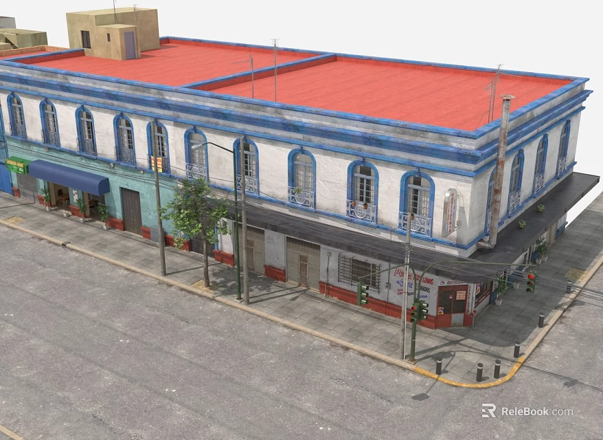 Commercial Street With Red Roof Blue Trim White Building Arched Windows Shops Trees And Pedestrians 3d model 