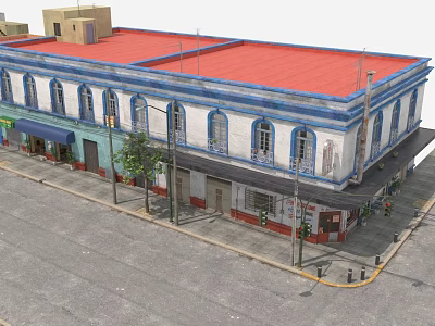 Commercial Street With Red Roof Blue Trim White Building Arched Windows Shops Trees And Pedestrians 3d model