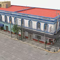 Commercial Street With Red Roof Blue Trim White Building Arched Windows Shops Trees And Pedestrians